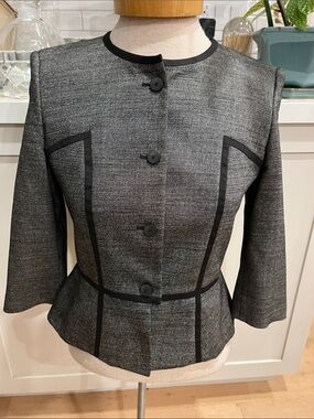 Hugo Boss wool and silk blend Gray Peplum button front Blazer with Black Trim